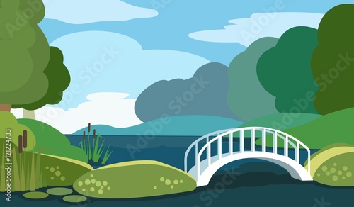 Peaceful morning swamp with bridge. Vector illustration.
