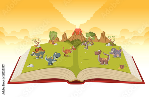 Open book with volcano and funny cartoon dinosaurs. Prehistoric nature landscape. 