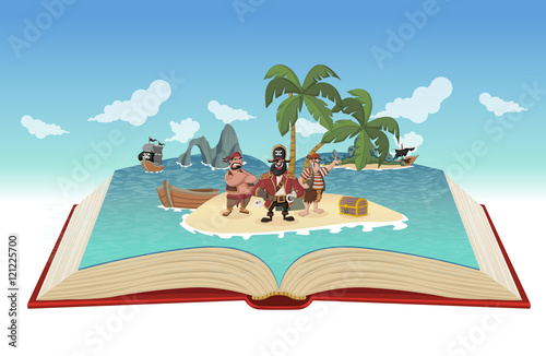 Open book with cartoon pirates on a beautiful tropical beach.