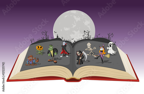Open book with full moon over a cemetery with funny cartoon classic monster characters. Halloween background.
