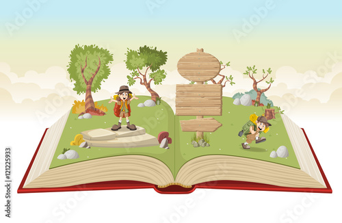 Open book with cartoon kids in explorer outfit on a green park

