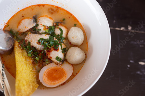 Noodle soup with fish, boiled eggs