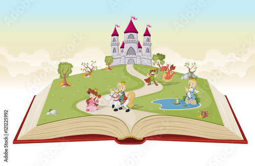 Open book with cartoon princesses and princes in front of a castle.
