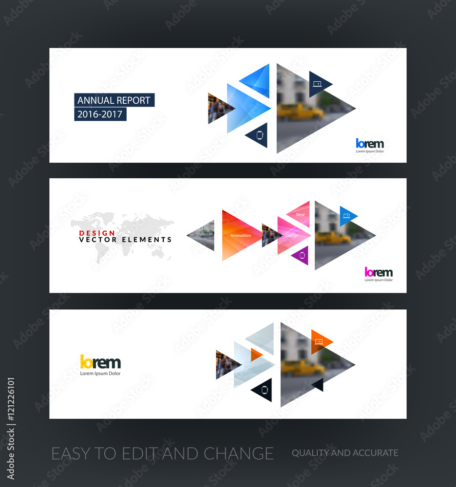 Vector set of modern horizontal website banners with moving tria