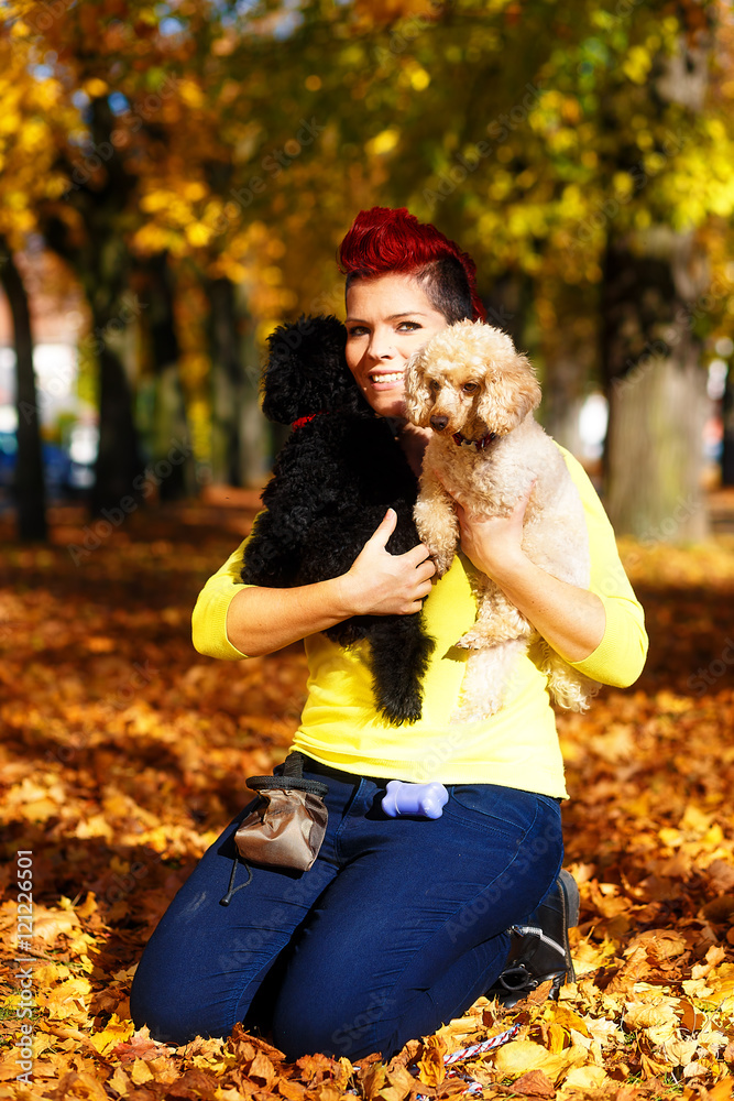 Cute smiling girl with black and white dog and hugging at the autumn park outdoors. Eye contact. Cute smiling girl with black and white dog and hugging at the autumn park outdoors. Eye contact.