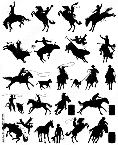 Tela Cowboy and cowgirl rodeo vector silhouettes collection