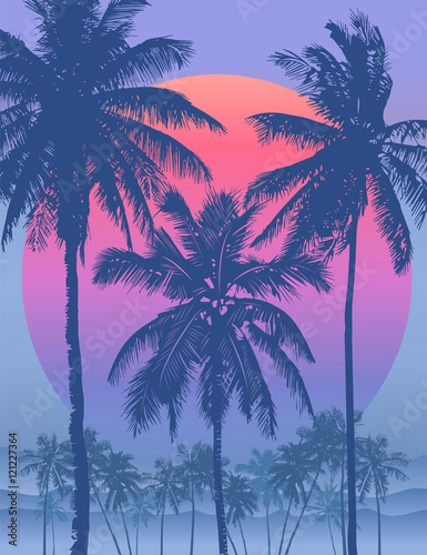 Tropical sunrise with pink gradient sun and silhouette of palm trees and mountains in the background of blue sky