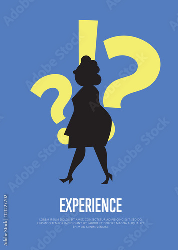 Silhouette of businesswoman with question and exclamation marks. Experience business banner, isolated vector illustration on blue background. Human resource. Office life concept. Corporate culture