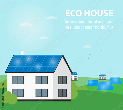 Eco house vector illustration. Solar panels on suburban home. Eco settlement. The production of energy from the sun. Green power. Modern alternative energy generation. Countryside landscape