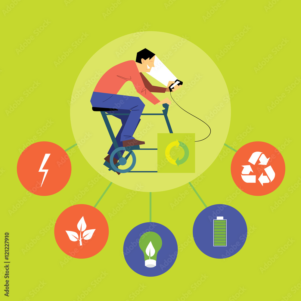 Renewable Energy Vector Illustration Man On Bicycle With Dynamo renewable-energy-vector-illustration-man-on-bicycle-with-dynamo