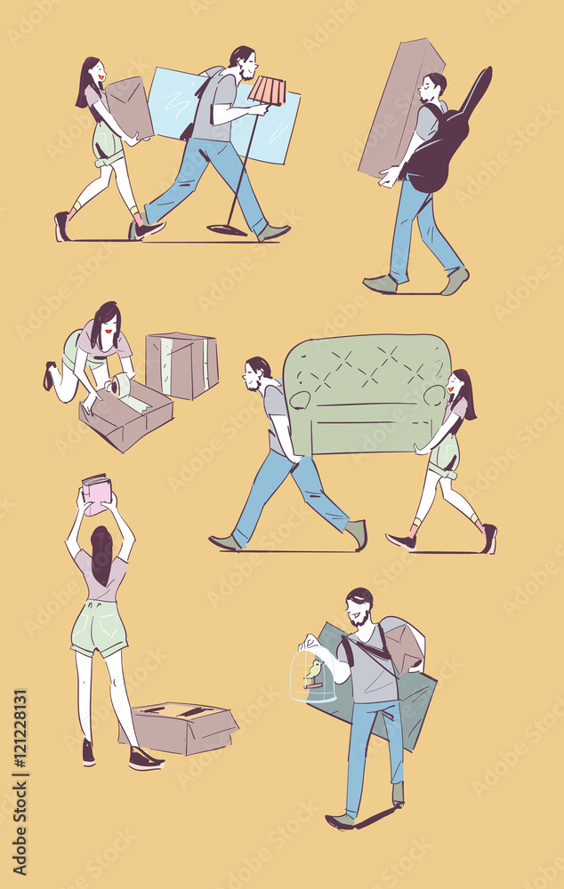 Moving home concept vector illustration. Young couple making a move new home. Sketches on moving. Hand drawing.