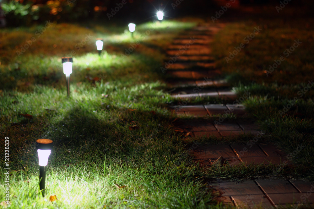 Defocused walkway in night garden background Stock Photo | Adobe Stock
