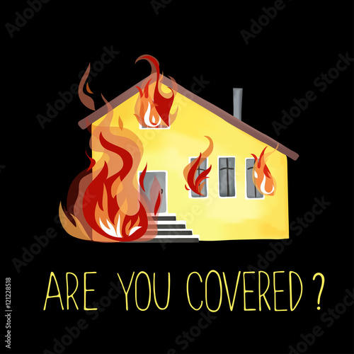 The burning house, fire out of the windows.