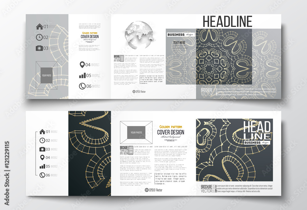 Set of tri-fold brochures, square design templates. Polygonal backdrop with golden connecting dots and lines, connection structure. Digital scientific background Set of tri-fold brochures, square design templates. Polygonal backdrop with golden connecting dots and lines, connection structure. Digital scientific background