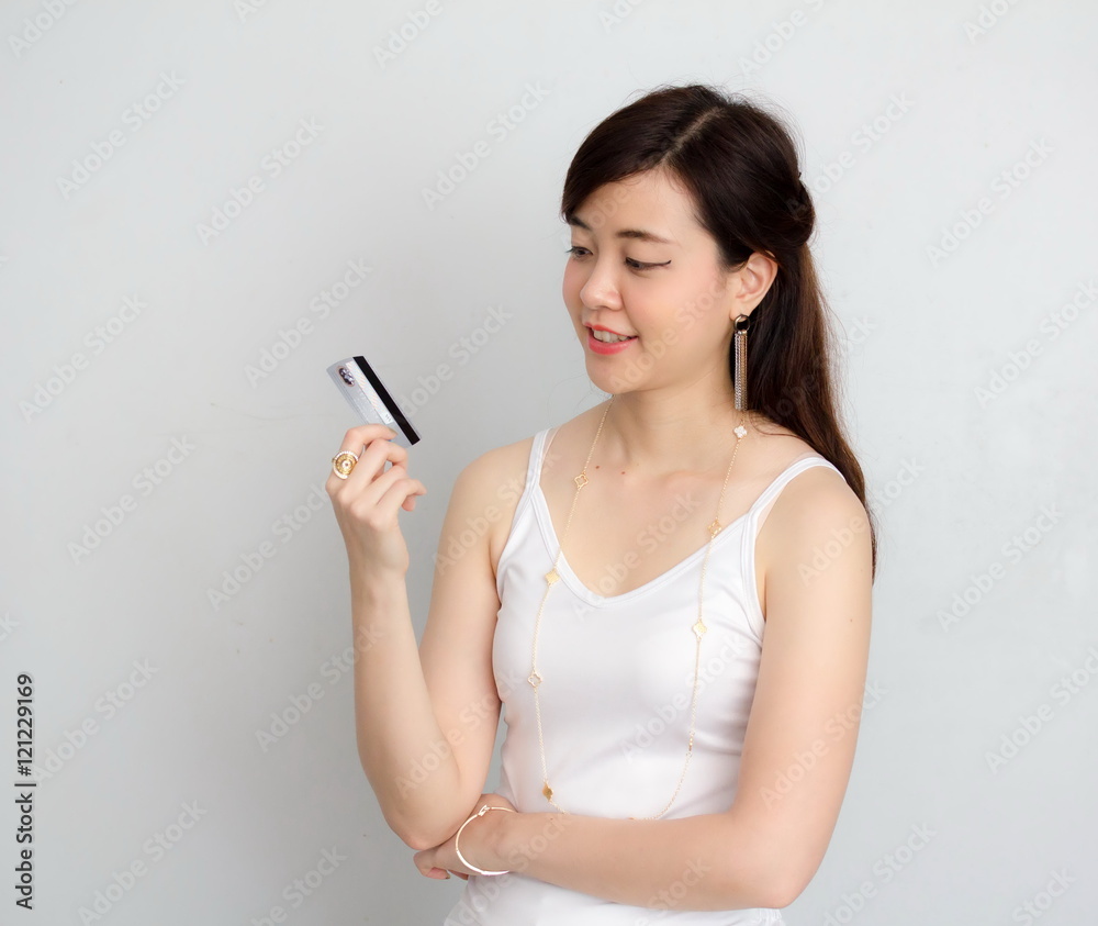 Portrait of thai adult women office beautiful girl credit card isolated Portrait of thai adult women office beautiful girl credit card isolated