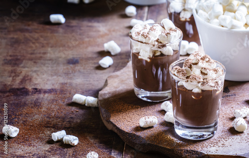 Liquid chocolate with marshmallow sprinkled with cocoa powder, v