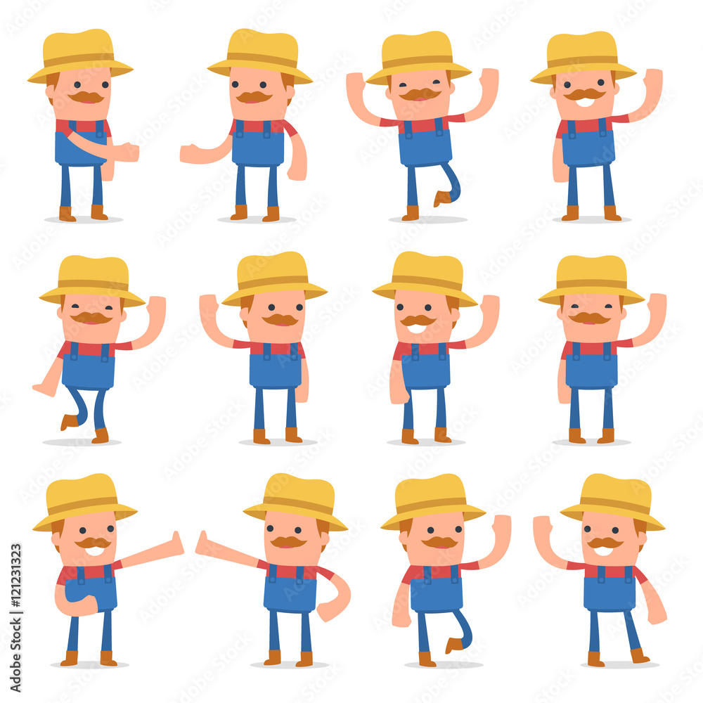 Set of Funny and Cheerful Character Farmer welcomes poses Set of Funny and Cheerful Character Farmer welcomes poses