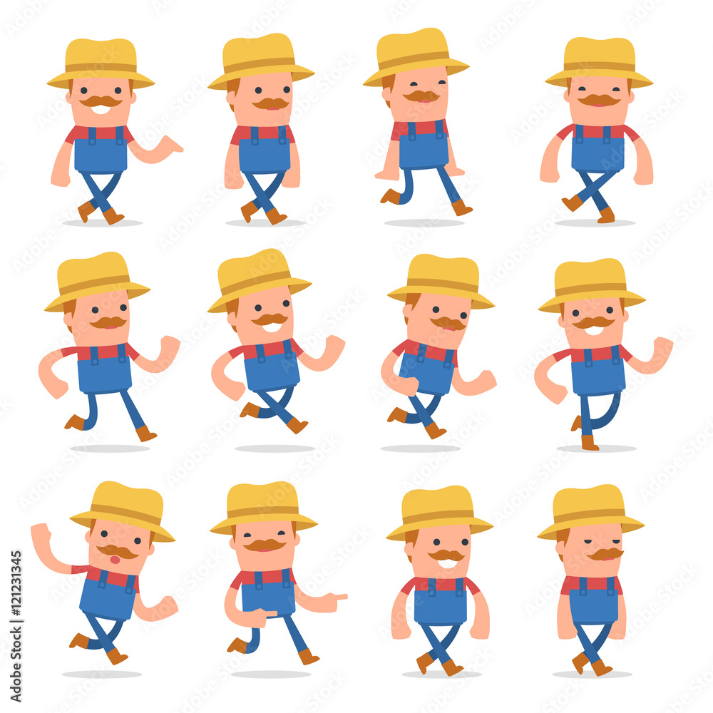 Set of Funny and Cheerful Character Farmer goes and runs poses