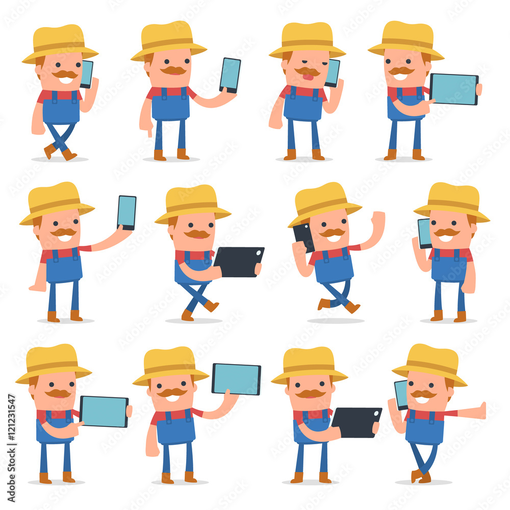 Set of Smart and Funny Character Farmer holding mobile phone Set of Smart and Funny Character Farmer holding mobile phone