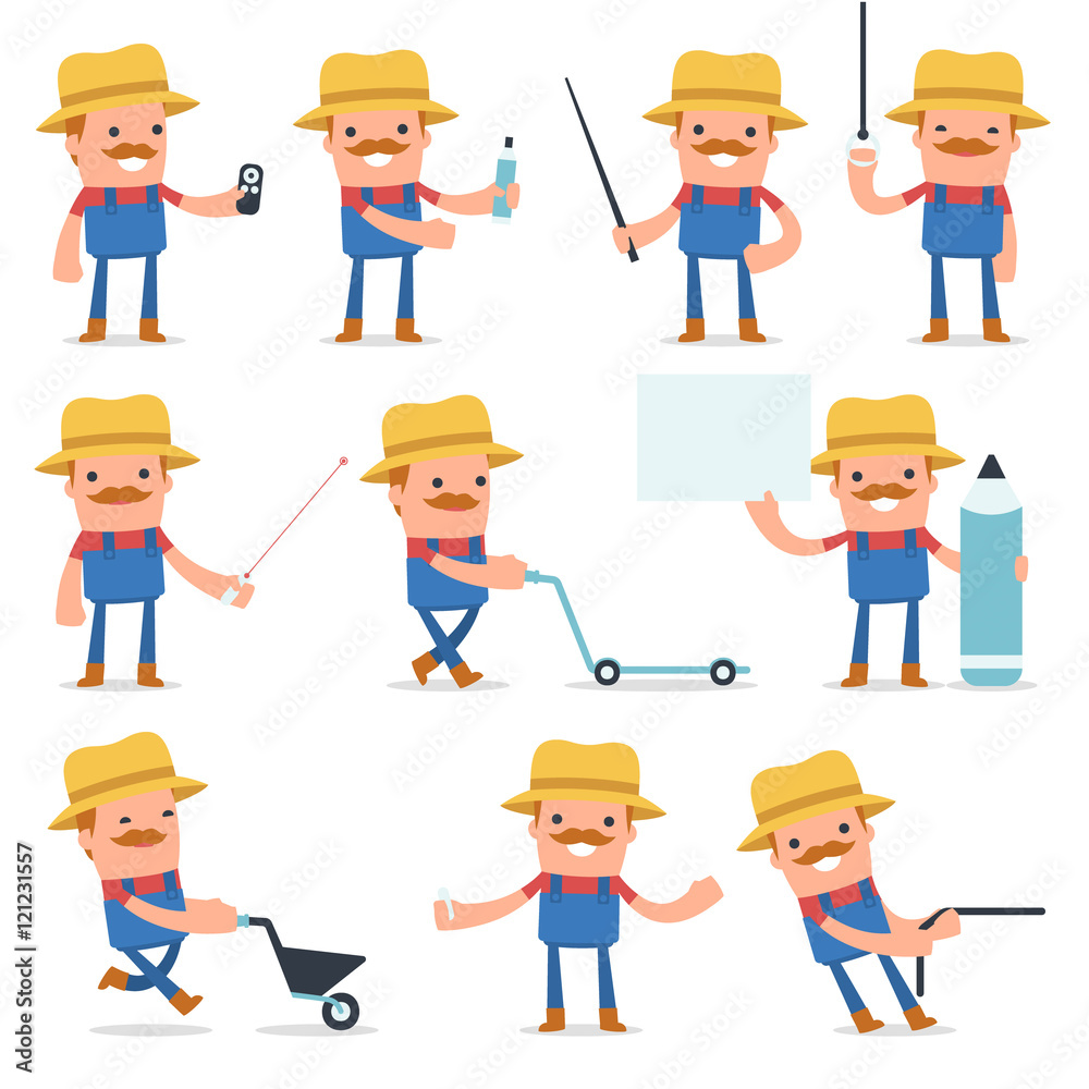 Set of Happy and Intelligent Character Farmer making presentatio Set of Happy and Intelligent Character Farmer making presentatio