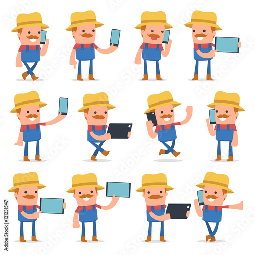 Set of Smart and Funny Character Farmer holding mobile phone