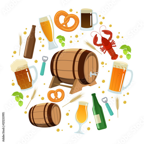 Set of colorful beer icons in circle shape background. Template for packaging, cards, posters and drinks menu. Vector stock illustration.