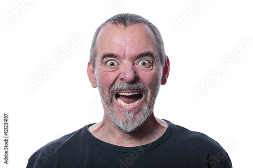 screaming man with beard, isolated on white