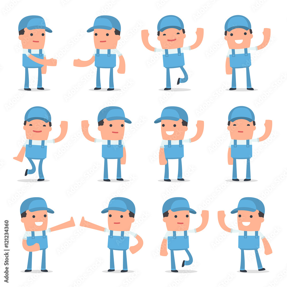 Set of Funny and Cheerful Character Repairman welcomes poses