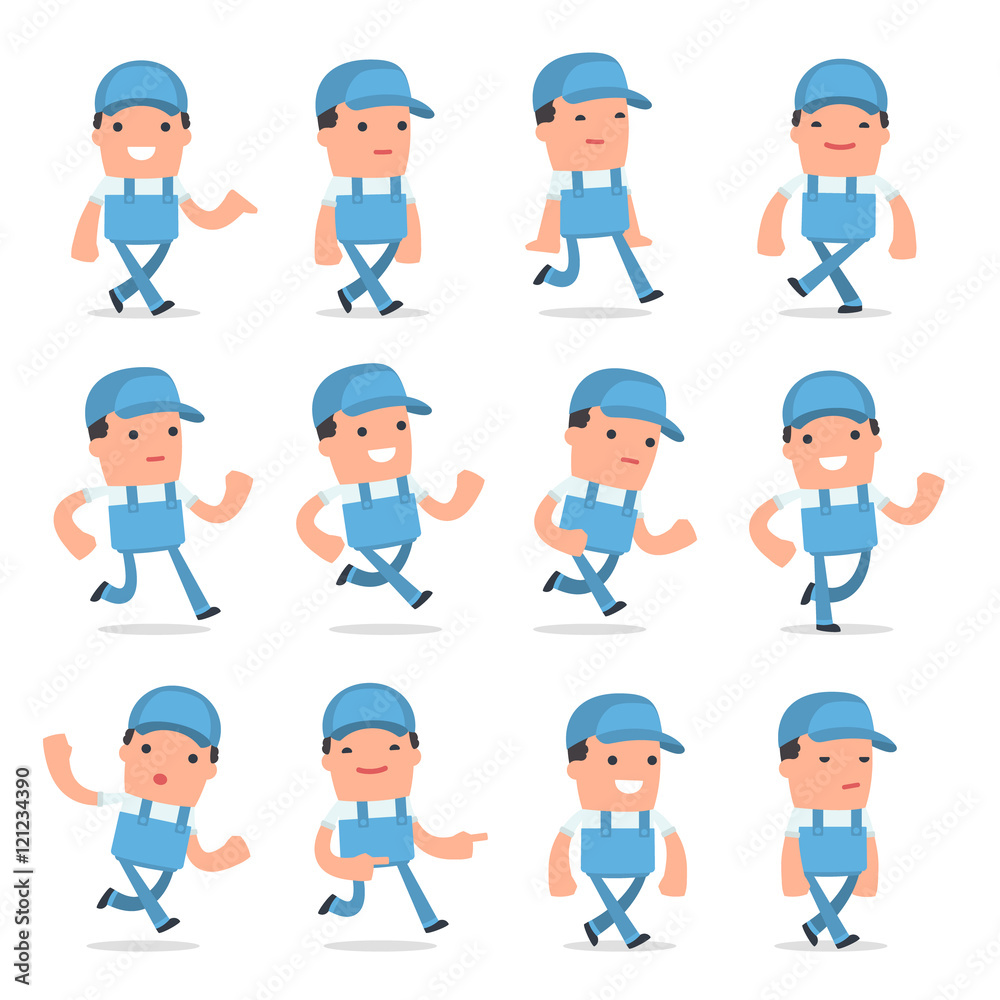 Set of Funny and Cheerful Character Repairman goes and runs pose Set of Funny and Cheerful Character Repairman goes and runs pose