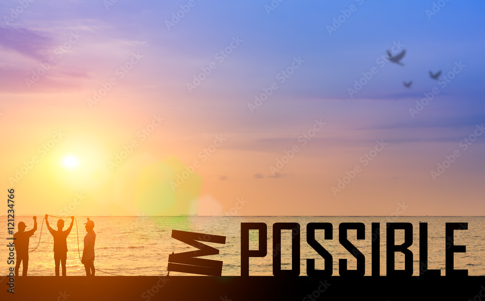 Motivation concept : Silhouette two business man success from attempt to elimination, improvement, change opportunity from impossible to possible text on beautiful sunset. challenge, achievement, goal