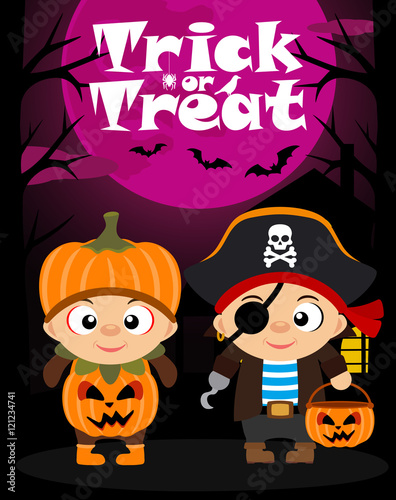Halloween vector background trick or treating with children