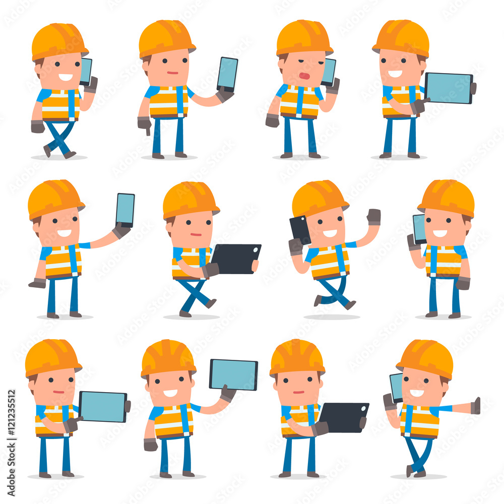 Set of Smart and Funny Character Constructor holding mobile phon Set of Smart and Funny Character Constructor holding mobile phon