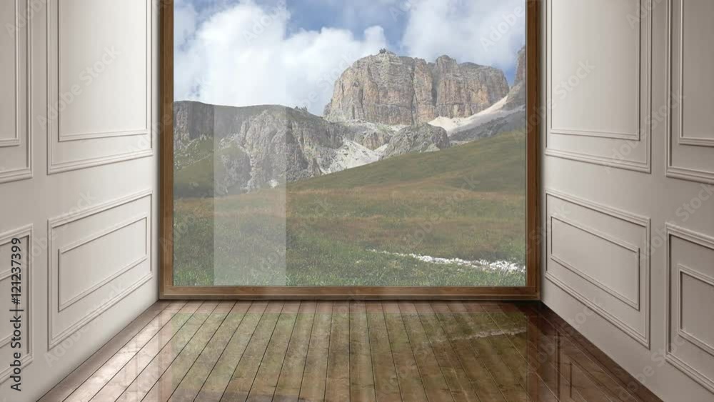 Finestra con paesaggio di montagna