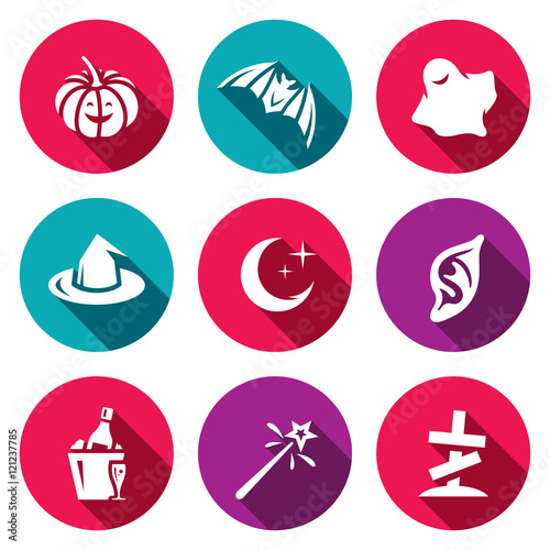 Vector Set of Halloween Icons. Pumpkin, bat, ghost, witch, night, vampire, party, magic, cemetery.