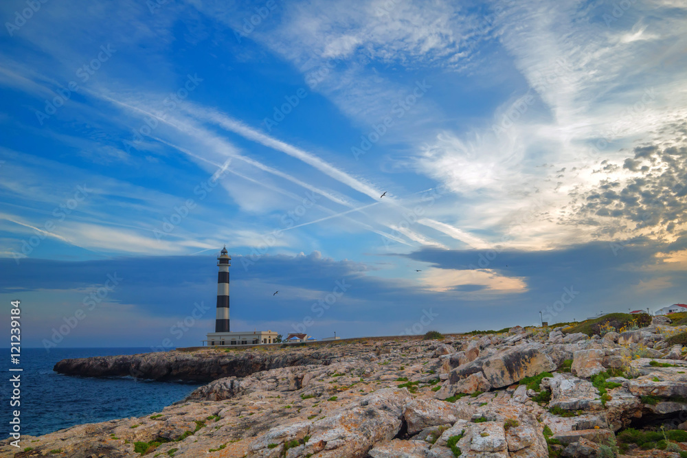 Menorca island Mediterranean sea rocky coast with lightgous