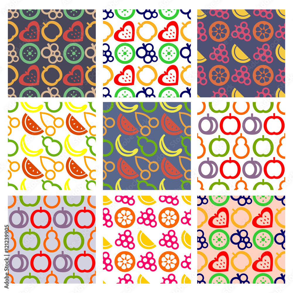 Vector set of seamless patterns with fruits. Different colorful backgrounds with cherry, apple, pear, strawberry, blackberry, orange, watermelon, grape. Series of Fruits Vector Seamless Patterns.