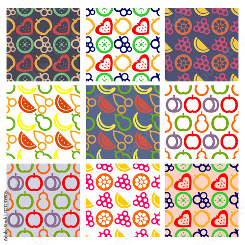 Vector set of seamless patterns with fruits. Different colorful backgrounds with cherry, apple, pear, strawberry, blackberry, orange, watermelon, grape. Series of Fruits Vector Seamless Patterns.