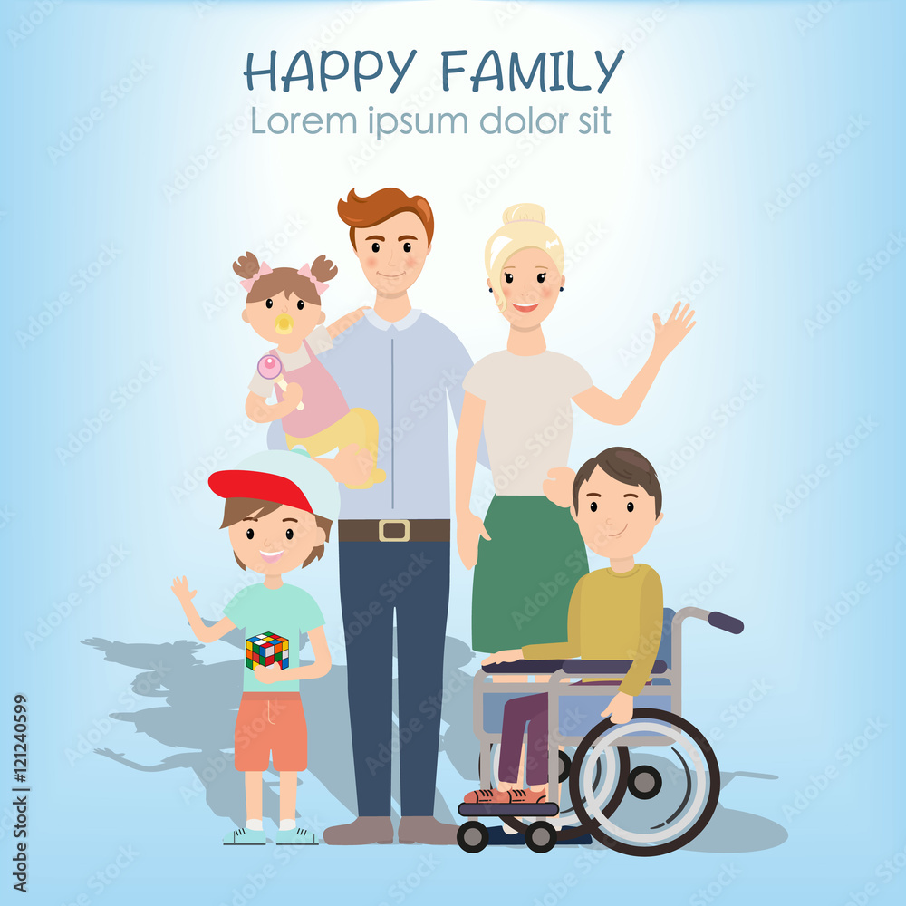 Portrait of four member happy family posing together. Parents with kids and with special needs child. Vector colorful illustration in flat design. Family graphic design post card. Portrait of four member happy family posing together. Parents with kids and with special needs child. Vector colorful illustration in flat design. Family graphic design post card.