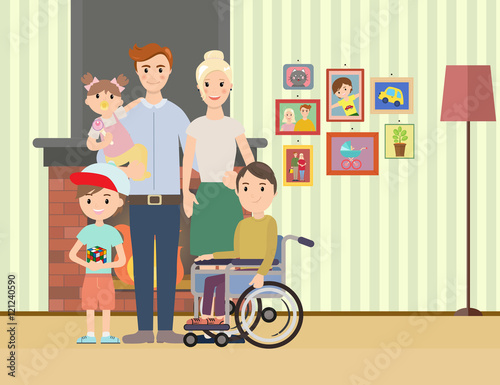 Portrait of happy family with special needs child. Big family vector illustration. Big family with children at home.