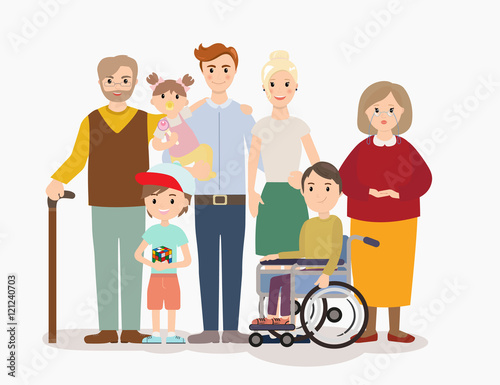 Big modern family vector illustration. Big family with children, parents, grandparents and with special needs child. Family portrait on white background.