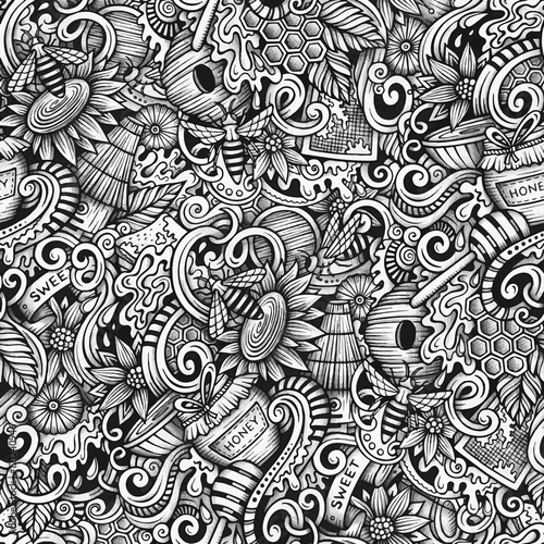 Cartoon hand-drawn doodles Honey seamless pattern