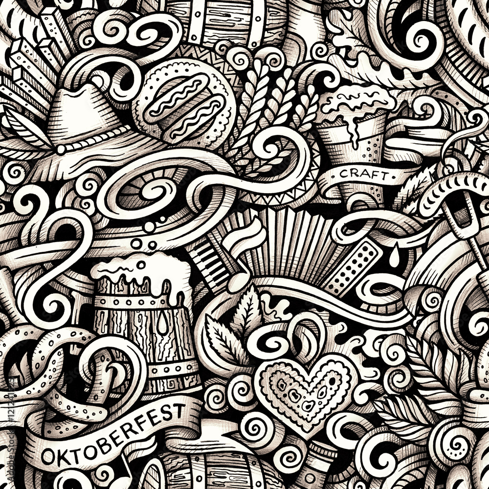 Cartoon hand-drawn doodles Octoberfest seamless pattern Cartoon hand-drawn doodles Octoberfest seamless pattern