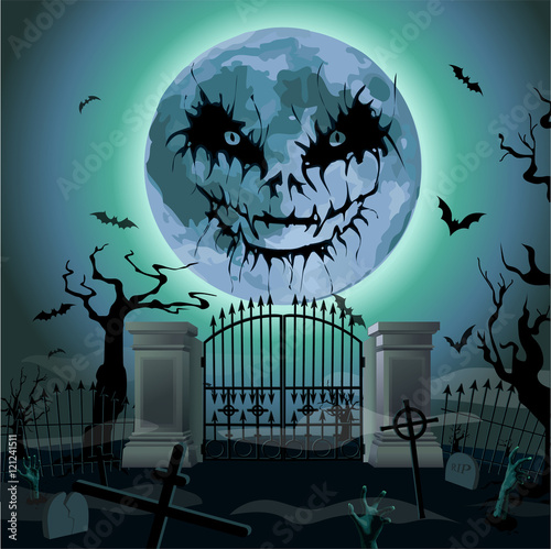 Halloween night: full moon cemetery graves gates zombie, zombi hands sticking out of ground, bat rearmouse. Vector vertical closeup side view signboard illustration image to celebration holiday