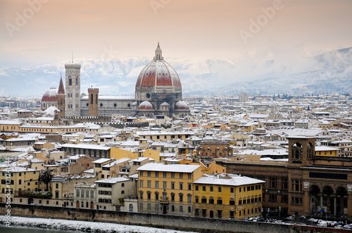 Panorama of Florence with Snow in Winter, Florence, Tuscany, Italy