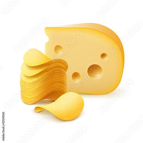 Potato Crispy Chips Stack with Cheese Close up Isolated on White Background
