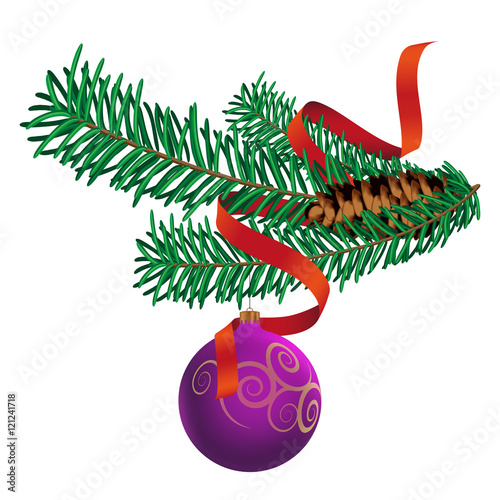 Christmas Decoration with ribbon and fir branches. Vector Background