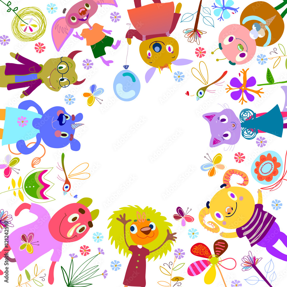 Monsters, fantastic flowers, butterflies, dragonflies. Funny Cartoon fantastic creatures. Cute fabulous incredible characters. Emotions, joy, party, birthday. Vector illustration with place for text.