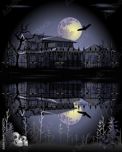 Halloween. Haunted house with lake, skulls, and bat under full moon. Hand drawn vector illustration.