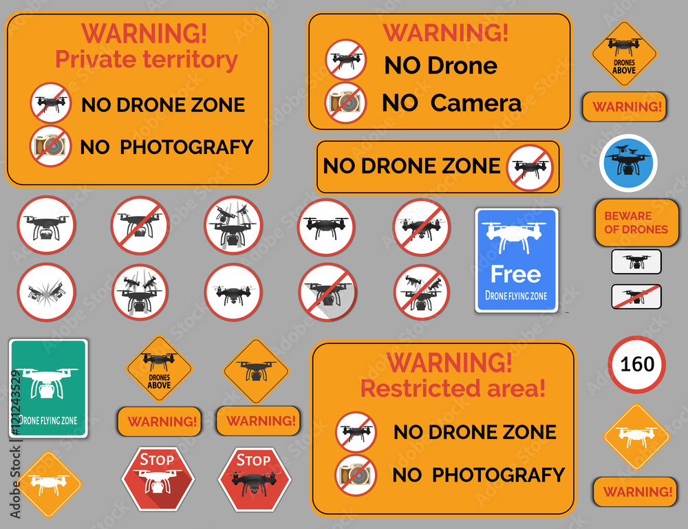 Vector illustration of Drone warning sign. Vector set of different warning  and forbidden signs with drone quadcopter. Stock Vector | Adobe Stock