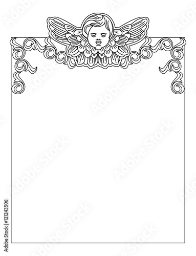 Black and white  frame with outline cherub in vintage style. Vector custom element for design artworks.